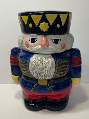Festive Blue and Red Ceramic Nutcracker Cookie Jar